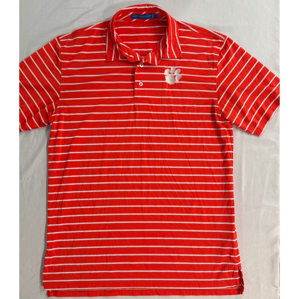 Southern Tide Clemson Tigers Mens Medium Orange Striped Performance Polo Shirt